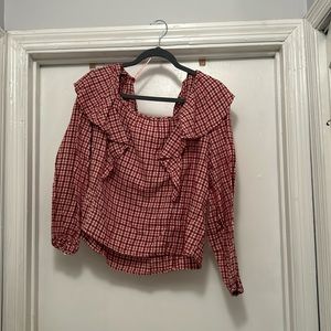 J.Crew Factory flannel ruffle blouse in red and orange in size Large